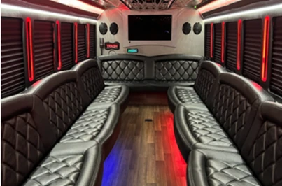 Tiffany-style party bus interior with lounge seating